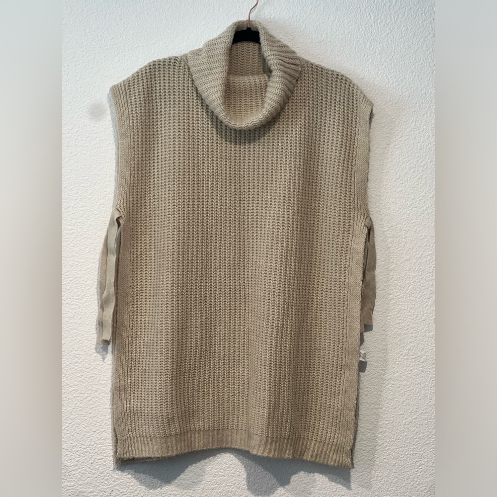 turtleneck sweater / poncho / one size tan knittted sleeveless vest